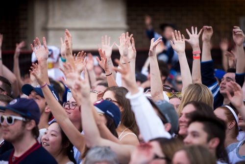 MIKAELA MACKENZIE / WINNIPEG FREE PRESS
Jets fans cheer at the whiteout street party just before the game starts in Winnipeg on Monday, May 7, 2018. 
Mikaela MacKenzie / Winnipeg Free Press 2018.