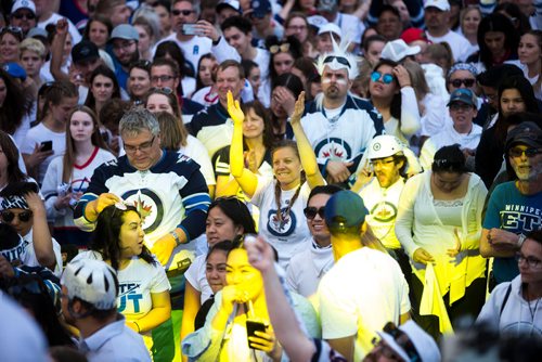 MIKAELA MACKENZIE / WINNIPEG FREE PRESS
Jets fans cheer at the whiteout street party just before the game starts in Winnipeg on Monday, May 7, 2018. 
Mikaela MacKenzie / Winnipeg Free Press 2018.