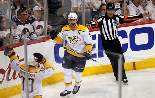 PHIL HOSSACK / WINNIPEG FREE PRESS - Nashville PRedator #9 Filip Forsberg celebrates his 2nd goal of the night the 3rd period Monday night at the Bell / MTS Centre. See story.  - MAY 7, 2018.
