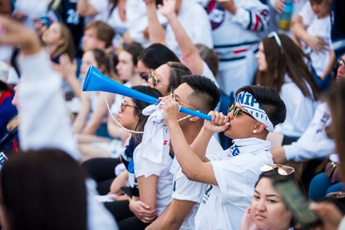 MIKAELA MACKENZIE / WINNIPEG FREE PRESS
Jets fans cheer at the whiteout street party just before the game starts in Winnipeg on Monday, May 7, 2018. 
Mikaela MacKenzie / Winnipeg Free Press 2018.