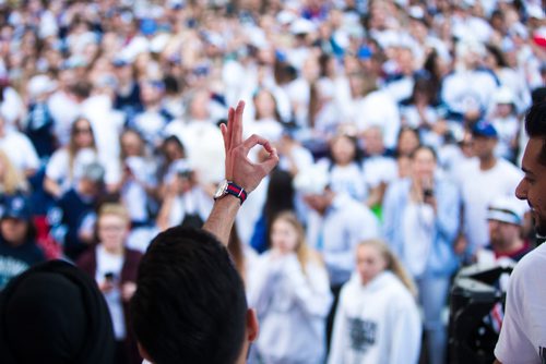 MIKAELA MACKENZIE / WINNIPEG FREE PRESS
A Bhangra dancer gestures to the audience before leaving the stage at the whiteout street party just before the game starts in Winnipeg on Monday, May 7, 2018. 
Mikaela MacKenzie / Winnipeg Free Press 2018.