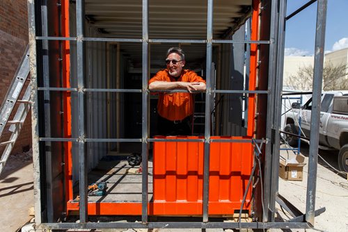 MIKE DEAL / WINNIPEG FREE PRESS
Architect Wins Bridgman during the manufacture of the pop-up toilet at Keiths custom Sheet Metal shop. 
180507 - Monday, May 07, 2018.