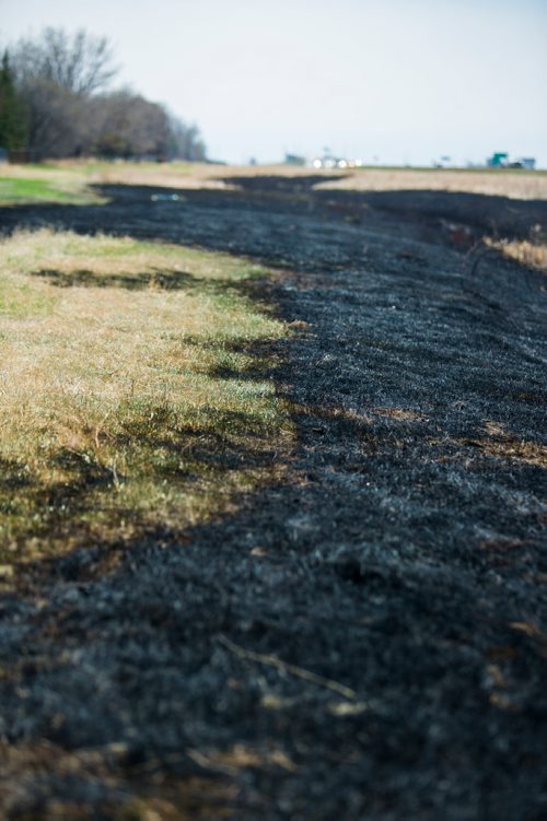 MIKAELA MACKENZIE / WINNIPEG FREE PRESS
The sooty mark of a grass fire around the perimeter highway and Roblin Boulevard in Winnipeg on Tuesday, May 8, 2018. Community members say neighbourhood kids lit a bike on fire, and the fire rapidly spread.
Mikaela MacKenzie / Winnipeg Free Press 2018.