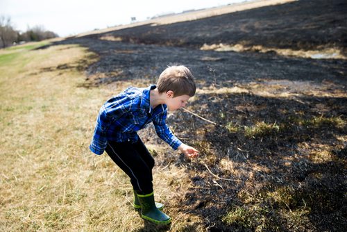 MIKAELA MACKENZIE / WINNIPEG FREE PRESS
Jayden Lepine, seven, takes a look at the sooty mark the grass fire left around the perimeter highway and Roblin Boulevard in Winnipeg on Tuesday, May 8, 2018. Community members say neighbourhood kids lit the bike on fire, and the fire rapidly spread.
Mikaela MacKenzie / Winnipeg Free Press 2018.