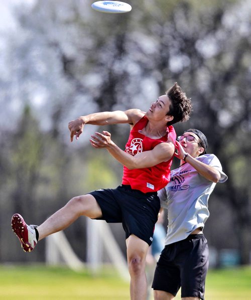 BORIS MINKEVICH / WINNIPEG FREE PRESS
From left, Kelvin High School Clippers Ethan Boyda, 16, battles for the disc with J.H. Bruns Collegiate Broncos Kyi Nichols, 18, at Assiniboine Park during high school Ultimate league play.  The Clippers won over the Broncos 13-5. The 2018 Canadian High School Ultimate Championships, hosted by Ultimate Canada, was held in Surrey BC over the weekend (May 5-6, 2018) and the Kelvin High School team won Gold over Bowmanville High School (Bowmanville, ON). They also won the Spirit award. STANDUP PHOTO May 8, 2018