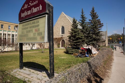 MIKE DEAL / WINNIPEG FREE PRESS
All Saints Anglican Church at Broadway and Osborne where a tent village has sprung up of about a dozen homeless.
180509 - Wednesday, May 09, 2018.