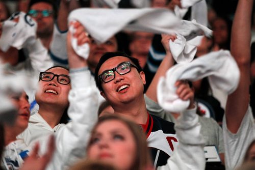 PHIL HOSSACK / WINNIPEG FREE PRESS - Winnipeg Jets Fans celebrate the final countdown as the Winnipeg Jets defeat the  the Nashville Predators Thursday evening. - MAY 10, 2018.