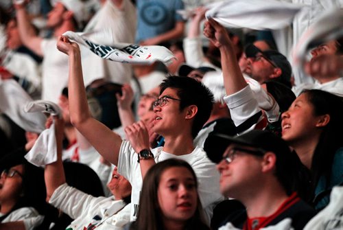 PHIL HOSSACK / WINNIPEG FREE PRESS - Winnipeg Jets Fans celebrate the final countdown as the Winnipeg Jets defeat the  the Nashville Predators Thursday evening. - MAY 10, 2018.