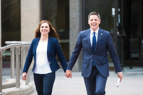 MIKAELA MACKENZIE / WINNIPEG FREE PRESS
Mayor Brian Bowman and his wife, Tracy Bowman, walk to the clerk's office to register to seek re-election at City Hall in Winnipeg on Friday, May 11, 2018. 
Mikaela MacKenzie / Winnipeg Free Press 2018.
