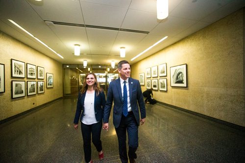 MIKAELA MACKENZIE / WINNIPEG FREE PRESS
Mayor Brian Bowman and his wife, Tracy Bowman, walk out of the clerk's office after registering to seek re-election at City Hall in Winnipeg on Friday, May 11, 2018. 
Mikaela MacKenzie / Winnipeg Free Press 2018.