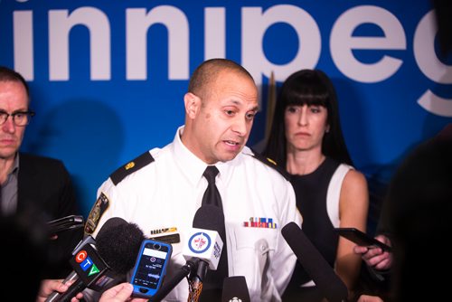 MIKAELA MACKENZIE / WINNIPEG FREE PRESS
Dave Dalal, Winnipeg Police Service inspector, announces a new ticketing policy for the whiteout street party this Saturday in Winnipeg on Friday, May 11, 2018. 
Mikaela MacKenzie / Winnipeg Free Press 2018.