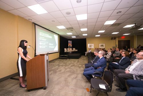 MIKAELA MACKENZIE / WINNIPEG FREE PRESS
Economic Development Winnipeg president and CEO Dayna Spiring speaks at the Richardson Building in Winnipeg on Friday, May 11, 2018. 
Mikaela MacKenzie / Winnipeg Free Press 2018.