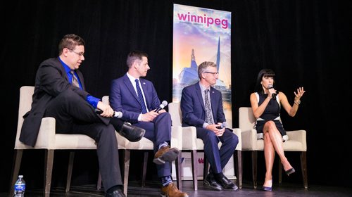 MIKAELA MACKENZIE / WINNIPEG FREE PRESS
Moderator Michael Legary (left), mayor Brian Bowman, minister Blaine Pedersen, and Economic Development Winnipeg president Dayna Spiring speak on a panel at the Richardson Building in Winnipeg on Friday, May 11, 2018. 
Mikaela MacKenzie / Winnipeg Free Press 2018.