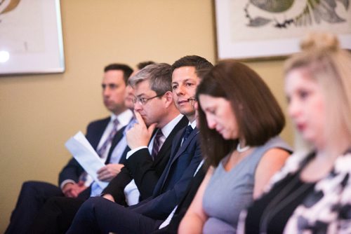 MIKAELA MACKENZIE / WINNIPEG FREE PRESS
Audience members watch as Economic Development Winnipeg president and CEO Dayna Spiring speaks at the Richardson Building in Winnipeg on Friday, May 11, 2018. 
Mikaela MacKenzie / Winnipeg Free Press 2018.