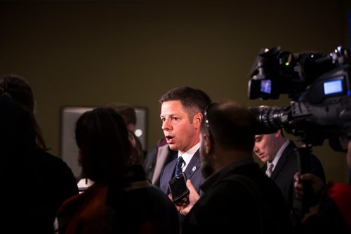 MIKAELA MACKENZIE / WINNIPEG FREE PRESS
Mayor Brian Bowman scrums with the media after an Economic Development Winnipeg panel discussion in Winnipeg on Friday, May 11, 2018. 
Mikaela MacKenzie / Winnipeg Free Press 2018.