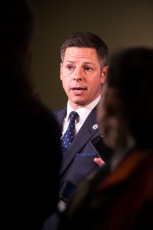 MIKAELA MACKENZIE / WINNIPEG FREE PRESS
Mayor Brian Bowman scrums with the media after an Economic Development Winnipeg panel discussion in Winnipeg on Friday, May 11, 2018. 
Mikaela MacKenzie / Winnipeg Free Press 2018.