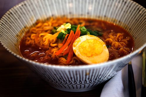 PHIL HOSSACK / WINNIPEG FREE PRESS - Review, Greenish - Spicy Ramen Soup with Vegetables, CHicken Stock and Wontons.  - MAY 11, 2018.