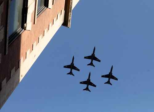 RUTH BONNEVILLE / WINNIPEG FREE PRESS

Four fighter jets pass over Bell MTS Place as thousands of Winnipeg Jets fans scream during the start of Game 1 of the Western Conference Final between the Jets and the Las Vegas Golden Knights Saturday during the Whiteout street party. May 12, 2018
