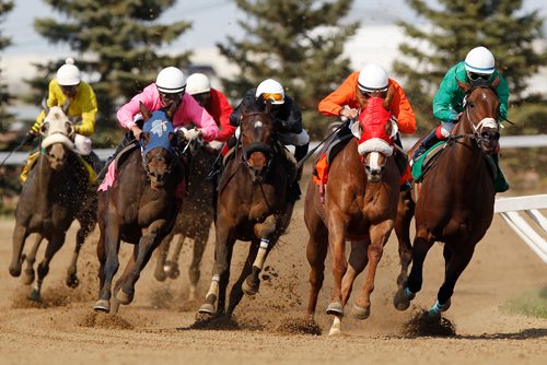 JOHN WOODS / WINNIPEG FREE PRESS
Chavion Chow riding Tadaa in orange leads the pack into the finishing straight in race six on opening day of races at Assiniboia Downs in  Winnipeg Sunday, May 13, 2018.