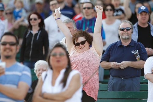 JOHN WOODS / WINNIPEG FREE PRESS
A happy race-goer cheers on her horse in race seven on opening day of races at Assiniboia Downs in  Winnipeg Sunday, May 13, 2018.