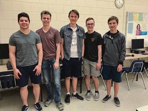 Canstar Community News (From left) River East Collegiate students Dawson Kletke, Colin Stoddart, Matthew Kwiatkowski, Jason Chornick and Carter Grycko won first place in the 2018 Canadian Cyber Security Challenge. (SHELDON BIRNIE/CANSTAR/THE HERALD)