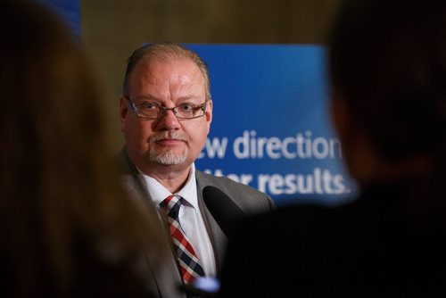 MIKE DEAL / WINNIPEG FREE PRESS
Minister of Health, Seniors and Active Living, Kelvin Goertzen, tells the gathered media after Question Period that the embargoed VIRGO report sent out in the morning was the wrong one.
180514 - Monday, May 14, 2018.