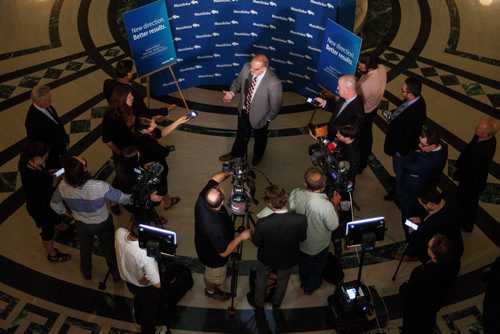 MIKE DEAL / WINNIPEG FREE PRESS
Minister of Health, Seniors and Active Living, Kelvin Goertzen, tells the gathered media after Question Period that the embargoed VIRGO report sent out in the morning was the wrong one.
180514 - Monday, May 14, 2018.