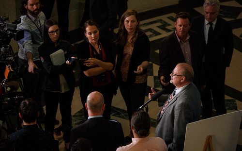 MIKE DEAL / WINNIPEG FREE PRESS
Minister of Health, Seniors and Active Living, Kelvin Goertzen, tells the gathered media after Question Period that the embargoed VIRGO report sent out in the morning was the wrong one.
180514 - Monday, May 14, 2018.