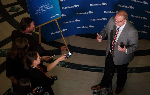 MIKE DEAL / WINNIPEG FREE PRESS
Minister of Health, Seniors and Active Living, Kelvin Goertzen, tells the gathered media after Question Period that the embargoed VIRGO report sent out in the morning was the wrong one.
180514 - Monday, May 14, 2018.