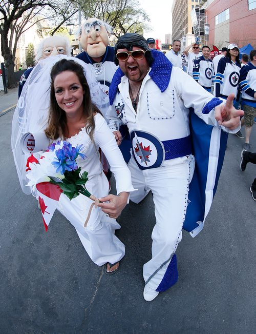 JOHN WOODS/ WINNIPEG FREE PRESS
Alisson Ritchie and Jim Hollingsworth were out enjoying the White Out Party prior to game two of the NHL Western Conference Final between the Winnipeg Jets and Vegas Golden Knights in Winnipeg on Monday, May 14, 2018.