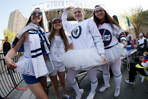 JOHN WOODS/ WINNIPEG FREE PRESS
From left, Shelby Schultz, Tyra Units, Brooklyn Kutzan and Chloe MacDonald were out enjoying the White Out Party prior to game two of the NHL Western Conference Final between the Winnipeg Jets and Vegas Golden Knights in Winnipeg on Monday, May 14, 2018.