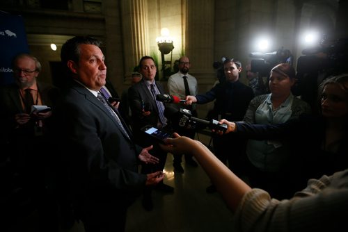 JOHN WOODS / WINNIPEG FREE PRESS
Manitoba Crown Services minister Cliff Cullen speaks to media at The Manitoba legislature Tuesday, May 15, 2018.