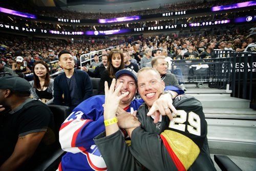 MIKAELA MACKENZIE / WINNIPEG FREE PRESS
Jets fan Dennis Chaisson (left) and his friend, Knights fan George Donaldson, ham it up for the camera as the Winnipeg Jets play the Las Vegas Golden Nights in Game 3 at the T-Mobile Arena in Las Vegas on Wednesday, May 16, 2018.
Mikaela MacKenzie / Winnipeg Free Press 2018.