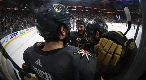 TREVOR HAGAN / WINNIPEG FREE PRESS
Vegas Golden Knights' ]Erik Haula (56), Alex Tuch (89), Colin Miller (6), Luca Sbisa (47) and James Neal (18) celebrate after Neal scored on Winnipeg Jets' goaltender Connor Hellebuyck (37) during the second period of game 3 of the Western Conference Finals in Las Vegas, Nevada, Wednesday, May 16, 2018.