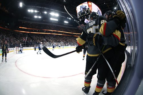 TREVOR HAGAN / WINNIPEG FREE PRESS
The Vegas Golden Knights' celebrate after James Neal (18) scored on Winnipeg Jets' goaltender Connor Hellebuyck (37) during the second period of game 3 of the Western Conference Finals in Las Vegas, Nevada, Wednesday, May 16, 2018.