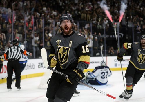 TREVOR HAGAN / WINNIPEG FREE PRESS
Vegas Golden Knights' James Neal (18) celebrates after scoring on Winnipeg Jets' goaltender Connor Hellebuyck (37) during the second period of game 3 of the Western Conference Finals in Las Vegas, Nevada, Wednesday, May 16, 2018.