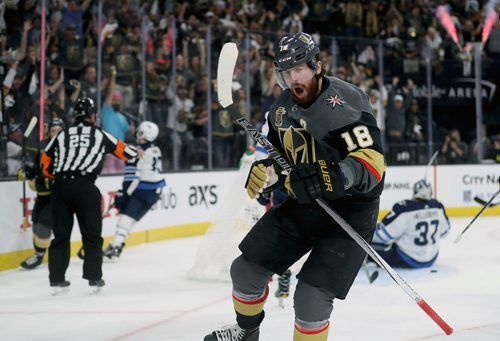 TREVOR HAGAN / WINNIPEG FREE PRESS
Vegas Golden Knights' James Neal (18) celebrates after scoring on Winnipeg Jets' goaltender Connor Hellebuyck (37) during the second period of game 3 of the Western Conference Finals in Las Vegas, Nevada, Wednesday, May 16, 2018.