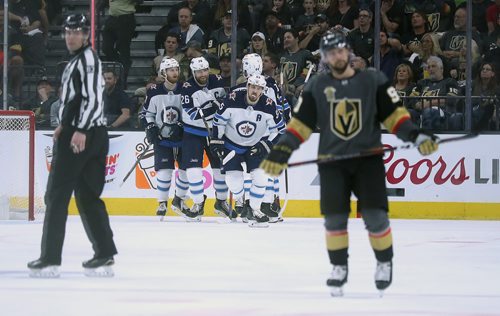 TREVOR HAGAN / WINNIPEG FREE PRESS
The Winnipeg Jets' celebrate after Mark Scheifele (55) scored on the Vegas Golden Knights' during the second period of game 3 of the Western Conference Finals in Las Vegas, Nevada, Wednesday, May 16, 2018.