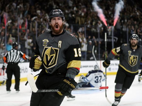 TREVOR HAGAN / WINNIPEG FREE PRESS
Vegas Golden Knights' James Neal (18) celebrates after scoring on Winnipeg Jets' goaltender Connor Hellebuyck (37) during the second period of game 3 of the Western Conference Finals in Las Vegas, Nevada, Wednesday, May 16, 2018.