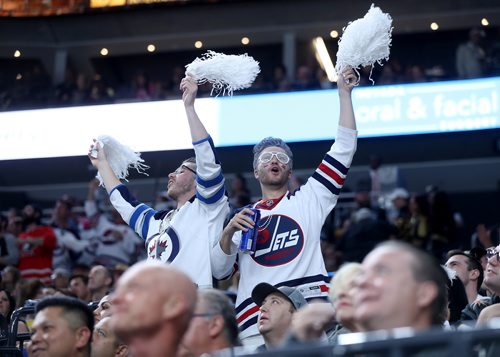 TREVOR HAGAN / WINNIPEG FREE PRESS
Winnipeg Jets' fans celebrate after Mark Scheifele (55) scored on the Vegas Golden Knights' during the second period of game 3 of the Western Conference Finals in Las Vegas, Nevada, Wednesday, May 16, 2018.