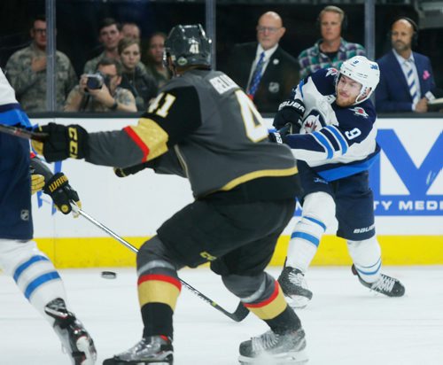 MIKAELA MACKENZIE / WINNIPEG FREE PRESS
Jets forward Andrew Copp shoots on the net in Game 3 at the T-Mobile Arena in Las Vegas on Wednesday, May 16, 2018.
Mikaela MacKenzie / Winnipeg Free Press 2018.