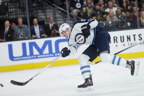 MIKAELA MACKENZIE / WINNIPEG FREE PRESS
Jets defenceman Tyler Myers shoots at the net in Game 3 at the T-Mobile Arena in Las Vegas on Wednesday, May 16, 2018. The game ended 2-3 for the Knights.
Mikaela MacKenzie / Winnipeg Free Press 2018.