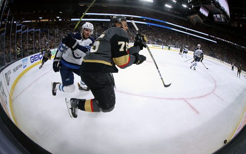 TREVOR HAGAN / WINNIPEG FREE PRESS
Winnipeg Jets' Ben Chiarot (7) chases Vegas Golden Knights' Ryan Reaves (75) during the second period of game 3 of the Western Conference Finals in Las Vegas, Nevada, Wednesday, May 16, 2018.