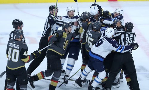 TREVOR HAGAN / WINNIPEG FREE PRESS
Winnipeg Jets' and Vegas Golden Knights' scrum at the end of the third period of game 3 of the Western Conference Finals in Las Vegas, Nevada, Wednesday, May 16, 2018.