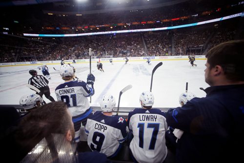 MIKAELA MACKENZIE / WINNIPEG FREE PRESS
Jets forward Kyle Connor (left), forward Andrew Copp, and forward Adam Lowry watch from the bench as the Winnipeg Jets play the Las Vegas Golden Nights in Game 3 at the T-Mobile Arena in Las Vegas on Wednesday, May 16, 2018. The game ended 2-3 for the Knights.
Mikaela MacKenzie / Winnipeg Free Press 2018.