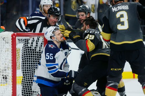 MIKAELA MACKENZIE / WINNIPEG FREE PRESS
Jets forward Mark Scheifele gets shoved into the net in the third period of Game 3 at the T-Mobile Arena in Las Vegas on Wednesday, May 16, 2018. The game ended 2-3 for the Knights.
Mikaela MacKenzie / Winnipeg Free Press 2018.
