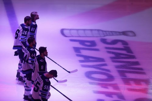 MIKAELA MACKENZIE / WINNIPEG FREE PRESS
The Winnipeg Jets stand for Oh Canada before the Winnipeg Jets play the Las Vegas Golden Nights in Game 3 at the T-Mobile Arena in Las Vegas on Wednesday, May 16, 2018.
Mikaela MacKenzie / Winnipeg Free Press 2018.