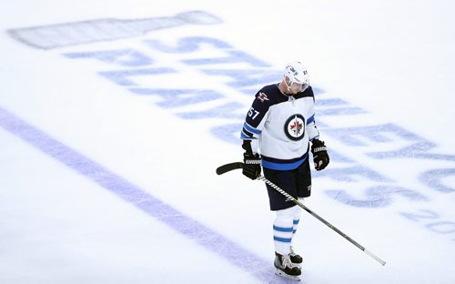 TREVOR HAGAN / WINNIPEG FREE PRESS
Winnipeg Jets' Tyler Myers (57) leaves the ice after losing to the Vegas Golden Knights' in game 3 of the Western Conference Finals in Las Vegas, Nevada, Wednesday, May 16, 2018.