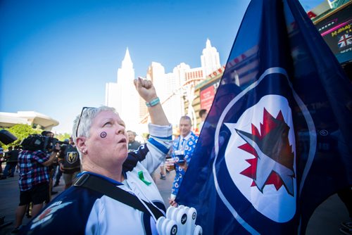 MIKAELA MACKENZIE / WINNIPEG FREE PRESS
April Kennedy cheers before the game as the Winnipeg Jets play the Las Vegas Golden Nights in Game 3 at the T-Mobile Arena in Las Vegas on Wednesday, May 16, 2018.
Mikaela MacKenzie / Winnipeg Free Press 2018.