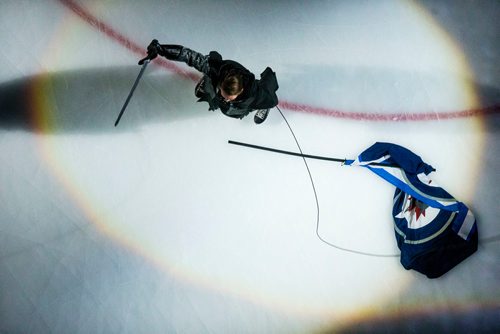 MIKAELA MACKENZIE / WINNIPEG FREE PRESS
Zachary Frongillo, who plays the Jets "villain," during dress rehearsal at the T-Mobile Arena in Las Vegas on Friday, May 18, 2018.
Mikaela MacKenzie / Winnipeg Free Press 2018.